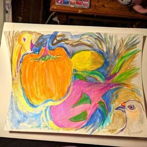 Wendy Gell art watercolor dragon fruit, hot pepper, lemon birds.